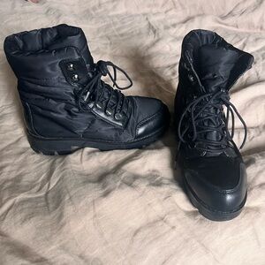 H by Halston Corinne Quilted Waterproof Nylon Combat Platform Boots in Black